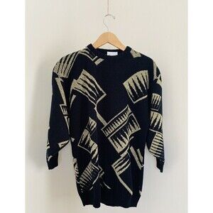Vintage 90s Retro Ellen D Black & Gold Metallic Thread Geometric Sweater S/M
